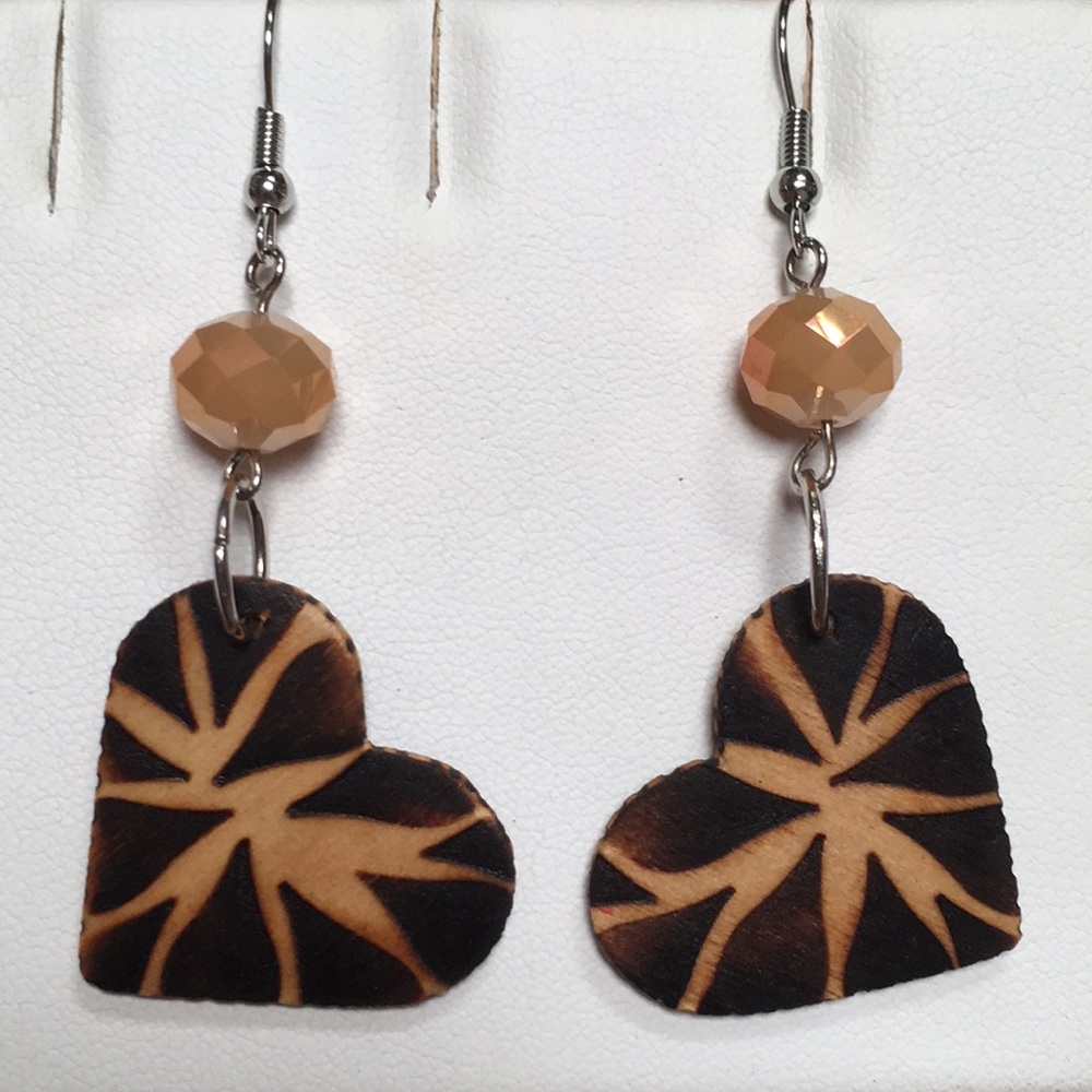 Earrings. Handmade wood burned hearts with crystal